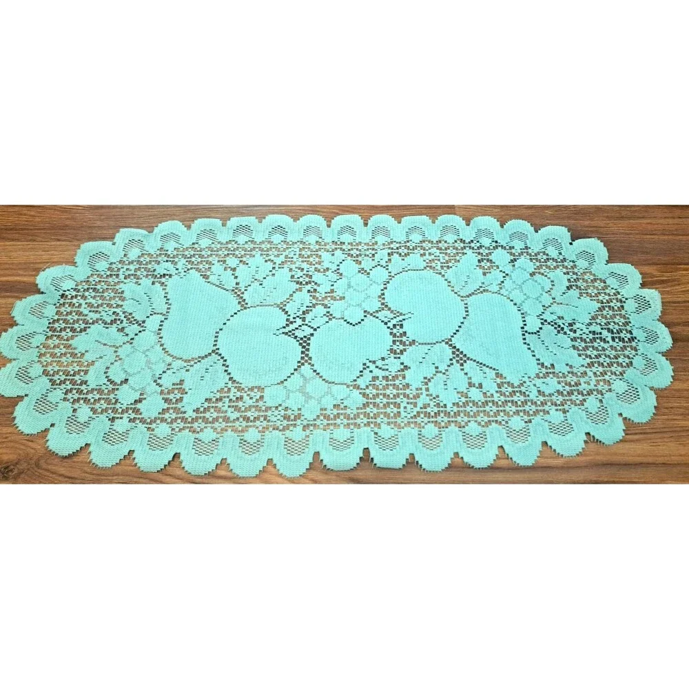 Turquoise Blue Lace Table Runner Fruit Apples Pear Country Cottage 30x13